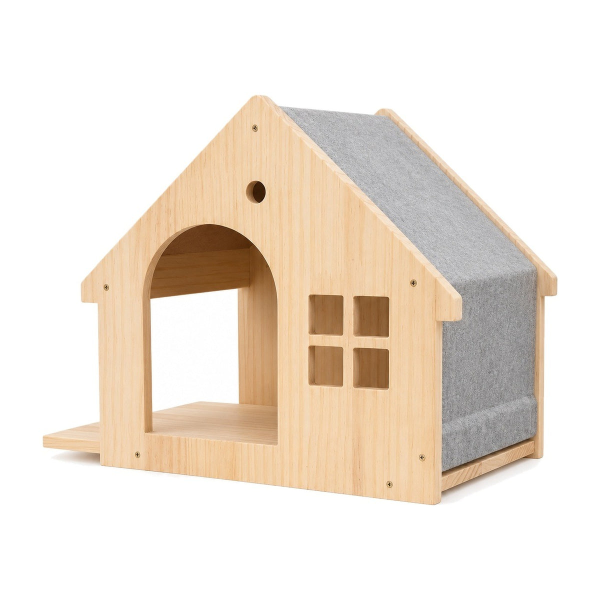 Pine wall-mounted cat house with grey fabric roof on a white background