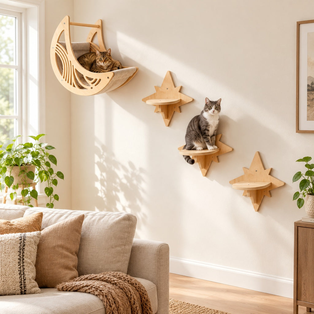 Cat curled up in a wall-mounted moon hammock, a second cat on a star perch below