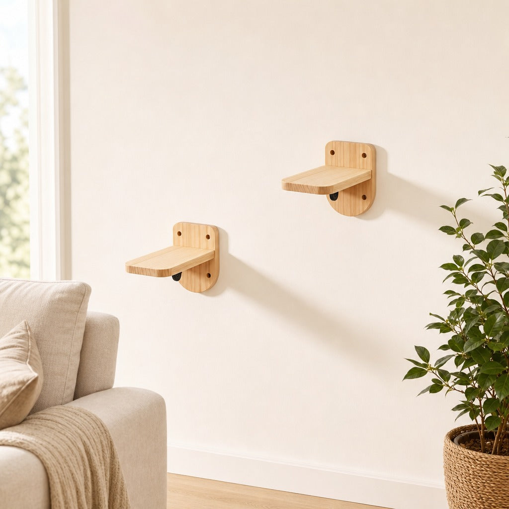 Set B: two pine step shelves on the wall