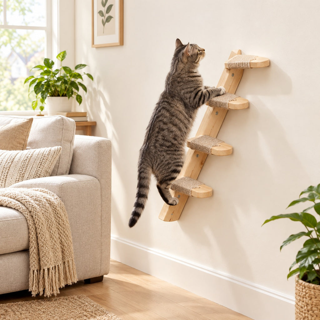 Climbing Ladder: cat climbing a pine wall ladder with four rope-wrapped steps