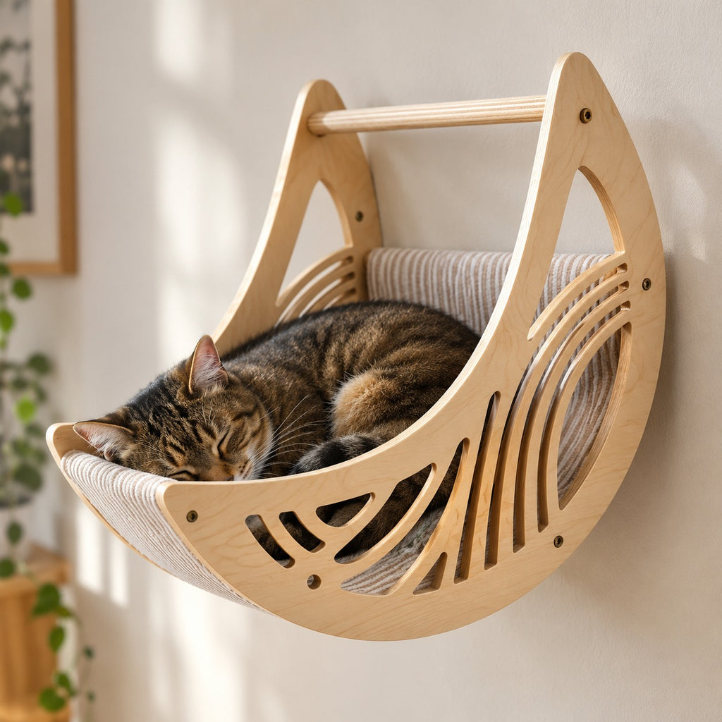 Cat asleep in the striped sling of the moon hammock