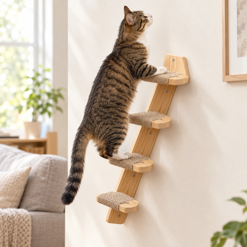 Cat climbing the rope-wrapped steps of the wall ladder