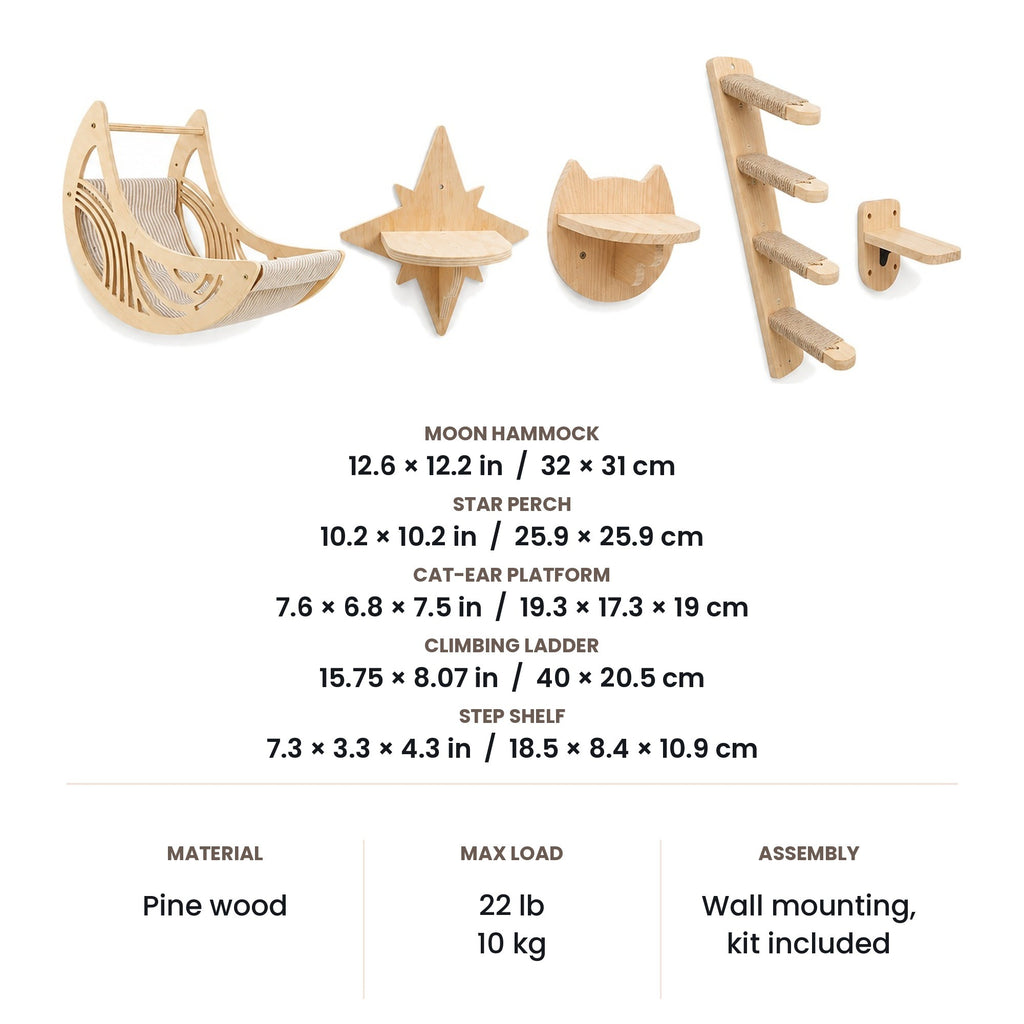 Cat wall shelves dimensions: moon hammock 12.6 x 12.2 in, star perch 10.2 in, cat-ear platform, ladder and step shelf