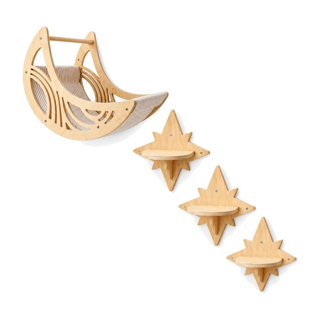 Pine moon hammock and three star perches on a white background