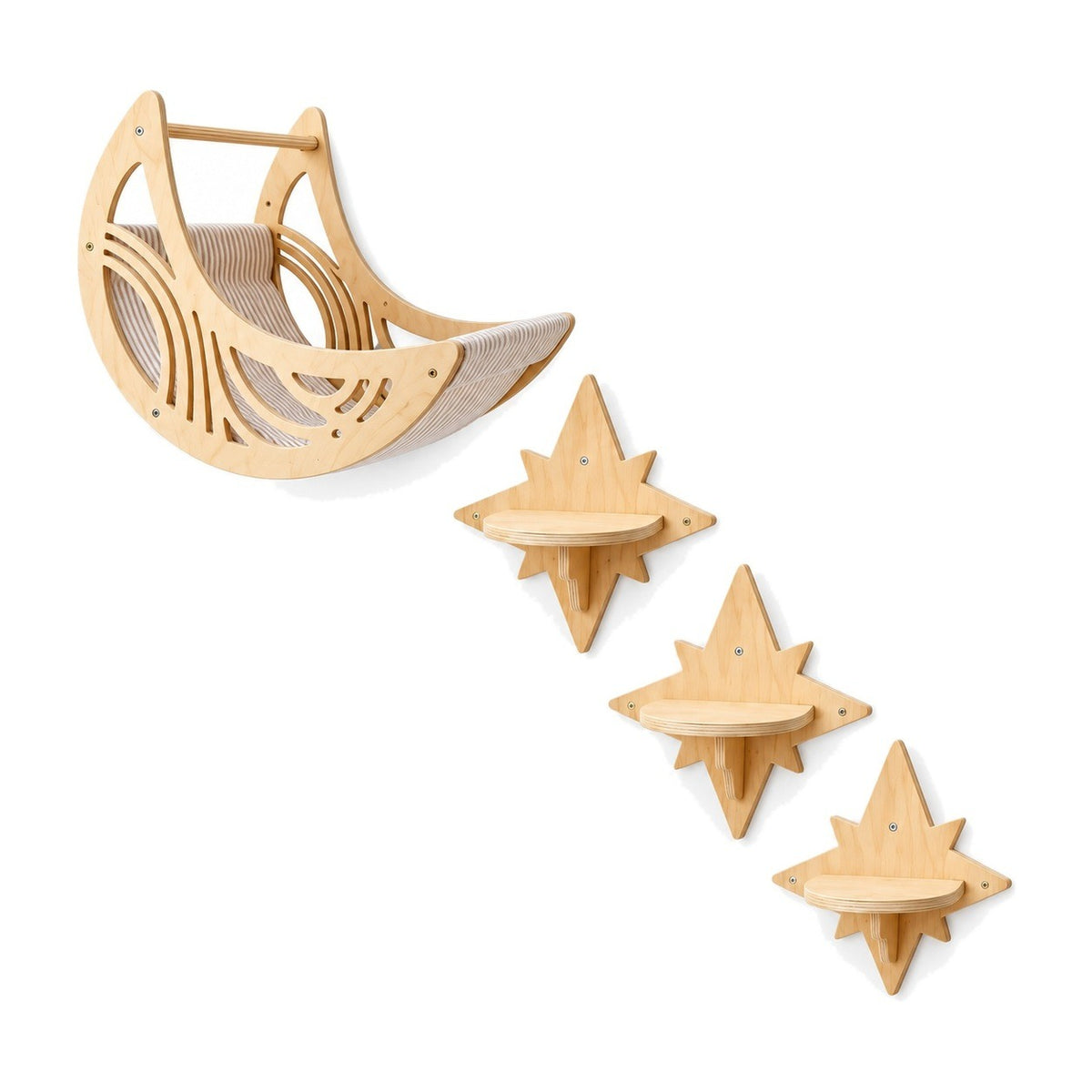 Pine moon hammock and three star perches on a white background