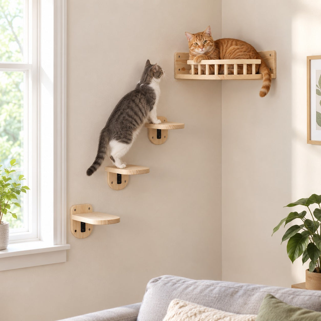 Cat lying in a pine corner cat bed on the wall while another cat climbs the wall steps