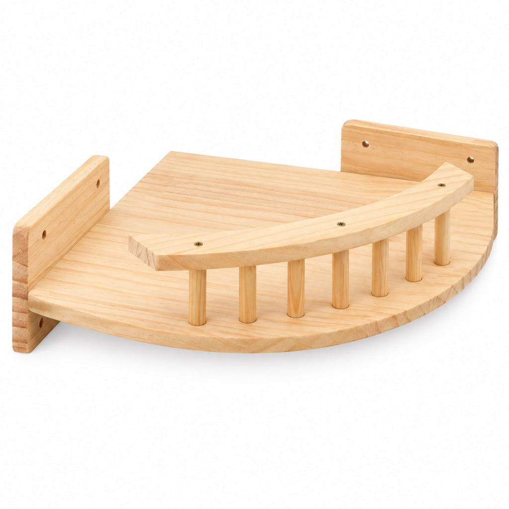 Pine corner cat bed with spindle rail on white background