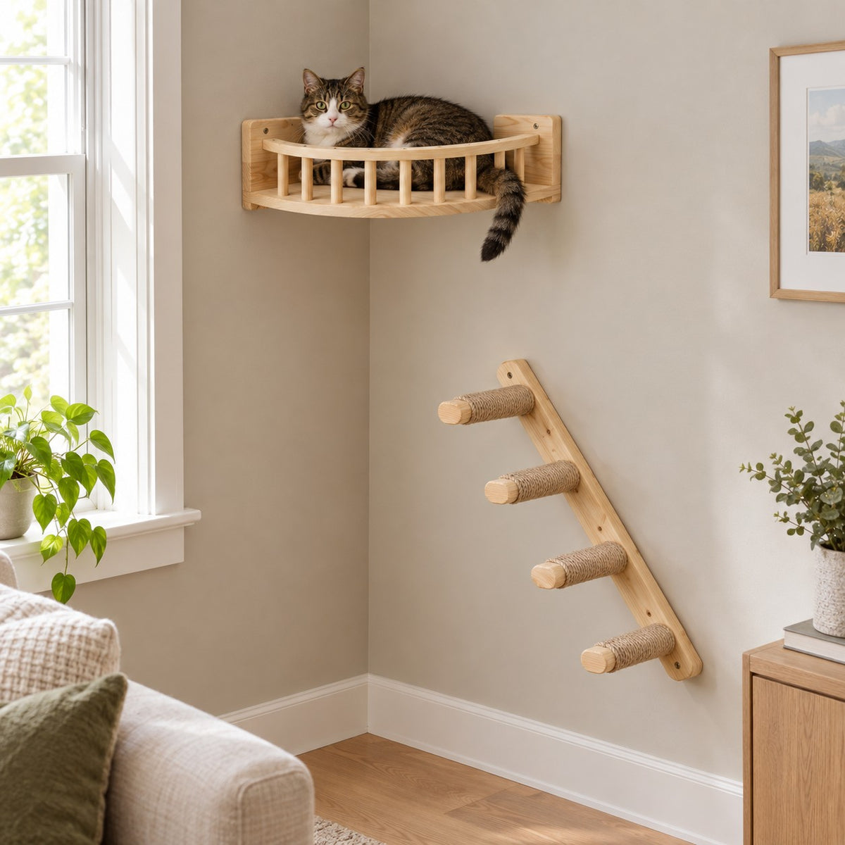 Pine corner cat bed with a rope-wrapped ladder mounted on the wall (Set A)