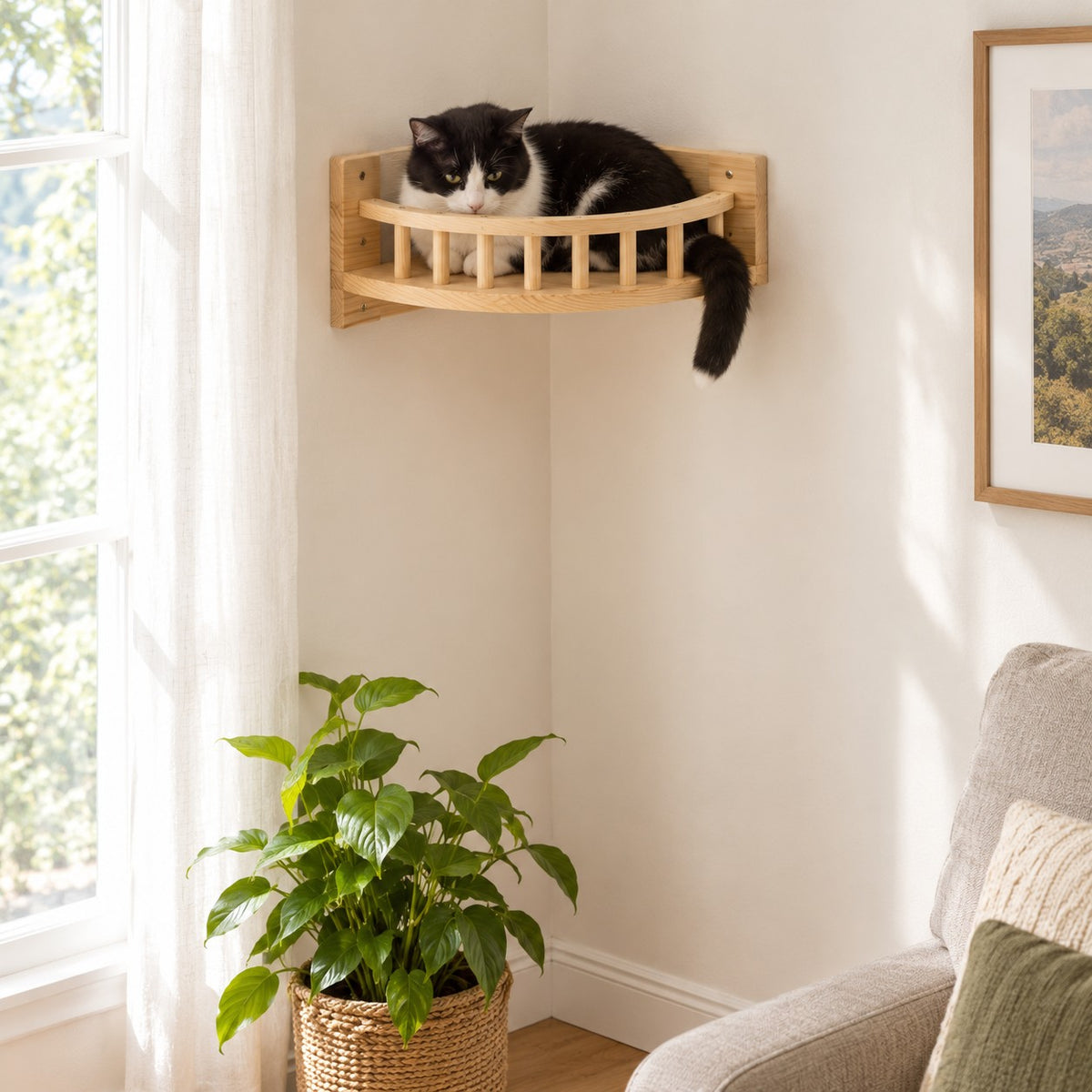 Pine corner cat bed mounted in a wall corner (Observation Deck)
