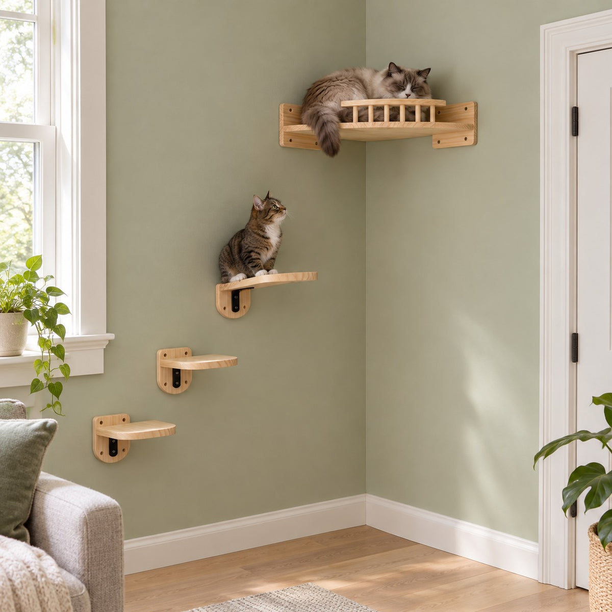 Pine corner cat bed with three wall steps (Set C)