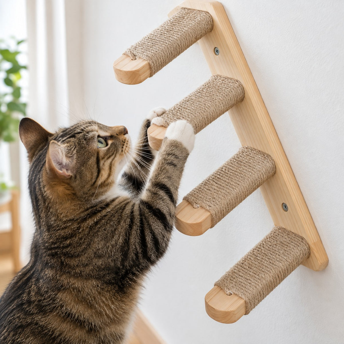 Cat climbing the rope-wrapped rungs of the wall ladder