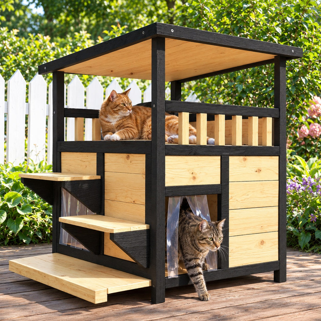 Cat lounging on the balcony of a two-story wooden cat house on a backyard deck, a second cat stepping out below