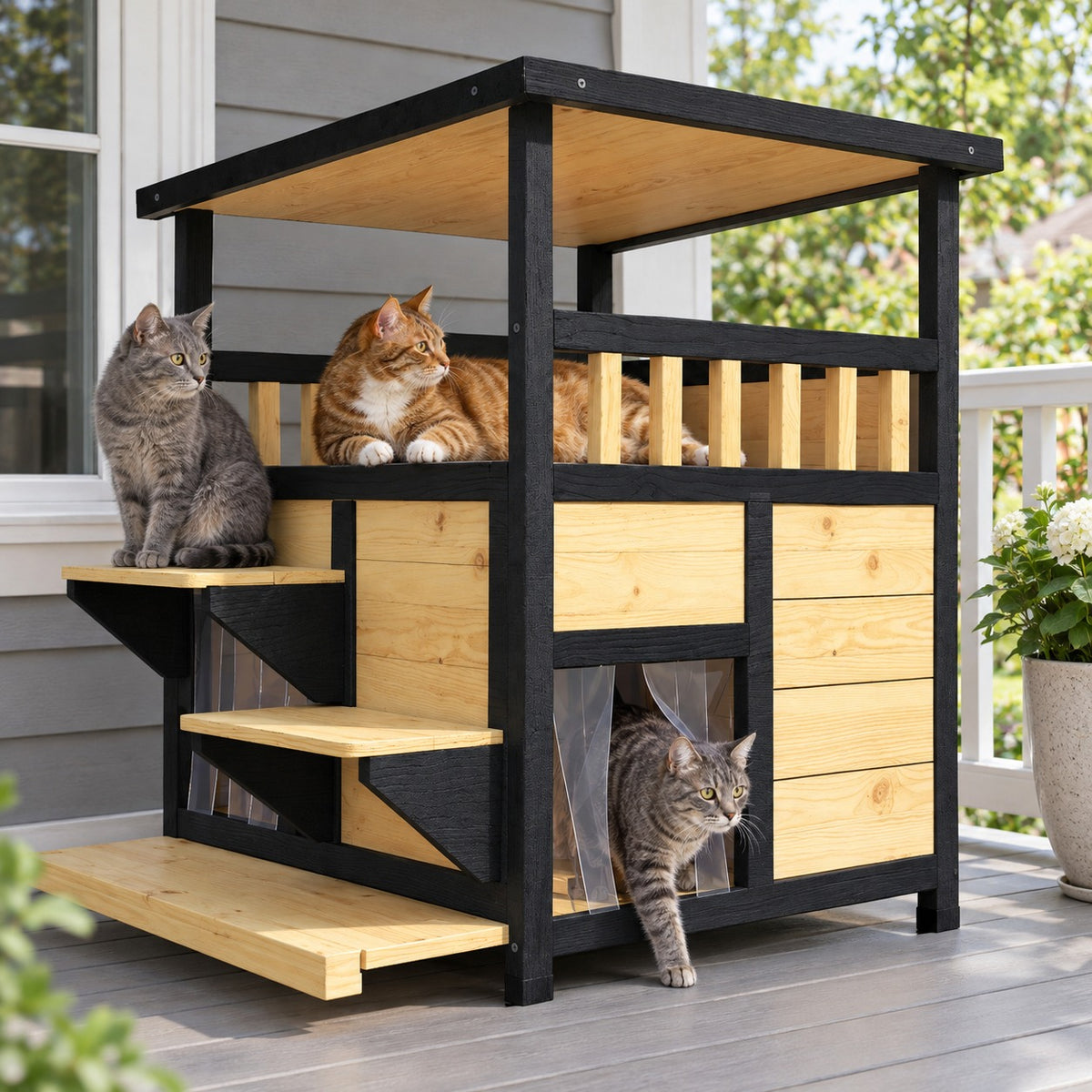 Two-story wooden cat house with balcony and jump boards on a covered porch