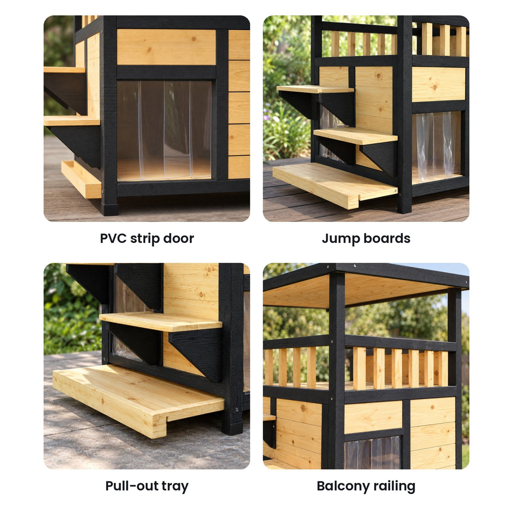 Wooden cat house details: PVC strip door, jump boards, pull-out tray, balcony railing
