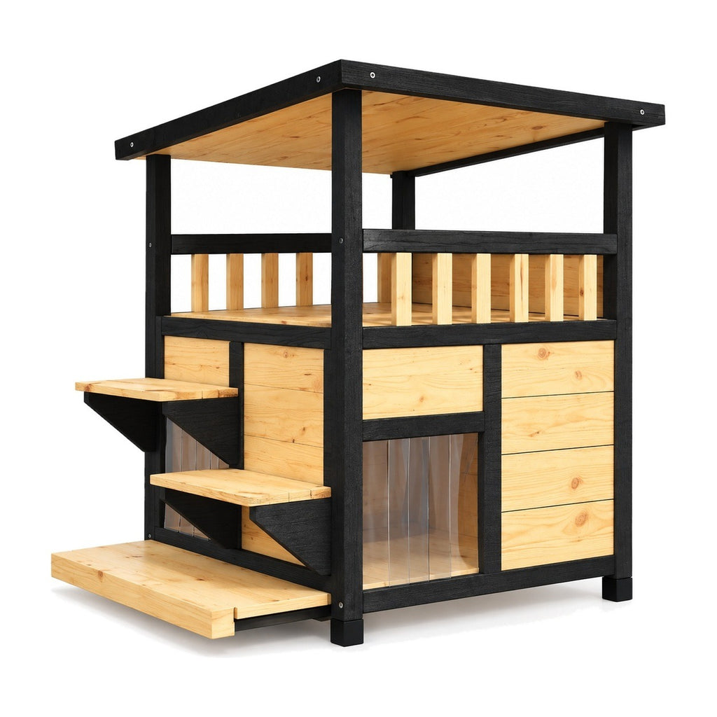 Two-story wooden cat house with balcony on a white background